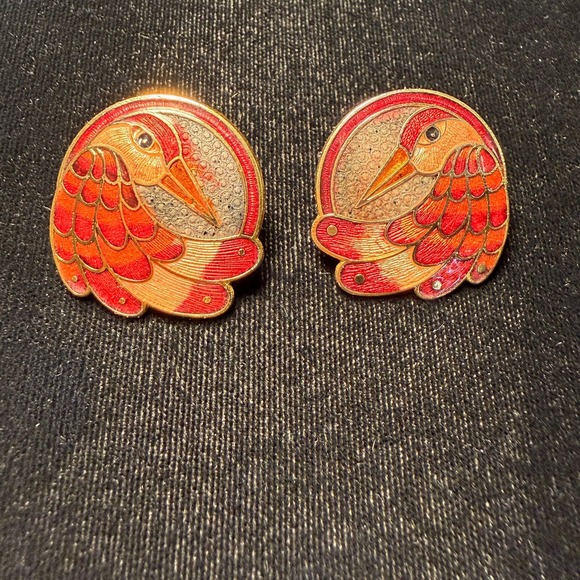 Jewelry - Vintage Red Orange Cloisonne Enamel Bird Stud Earrings Gold Tone Pheonix
